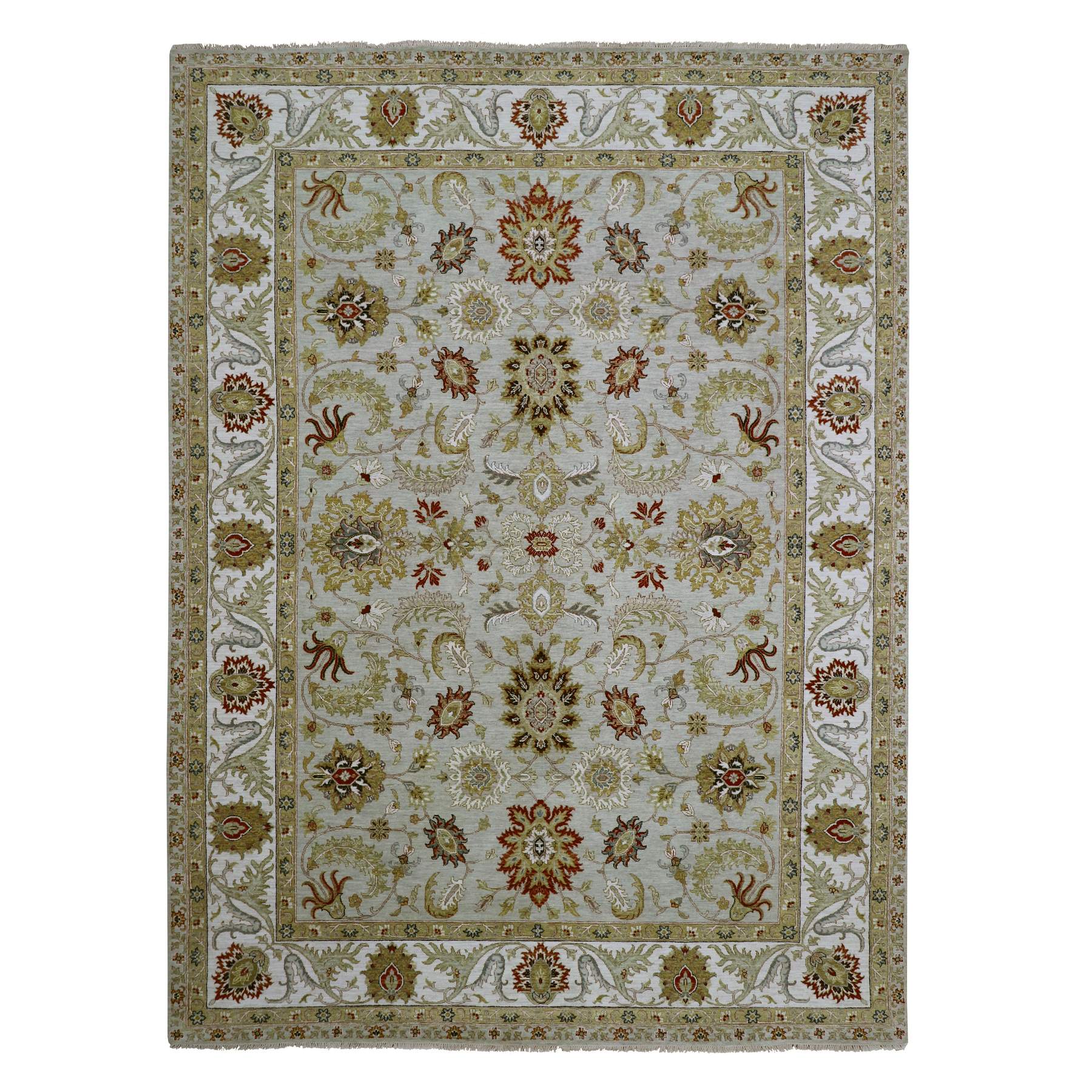 Misty Gray, Agra with Ziegler Design, Hand Knotted, Natural Dyes, 100% Wool, Colorful Leaf Motifs, Oriental Rug